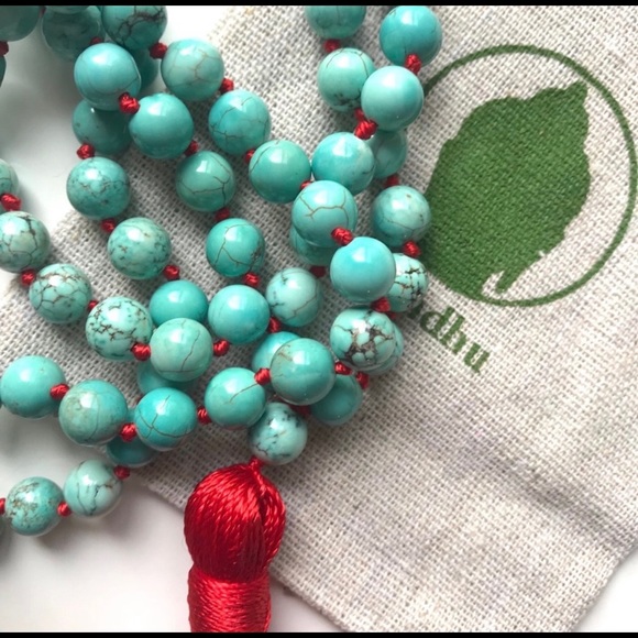 Turquoise Mala Bead Necklace with Red Tassel - Picture 3 of 4